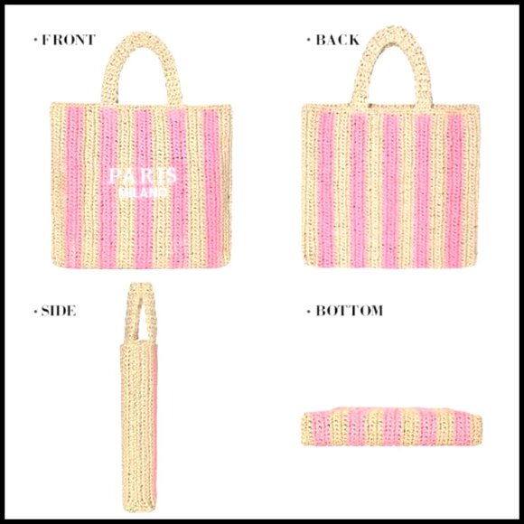 Woven Straw Tote Bag Packable Summer Beach Vacation Boho Chic Handbag - Picture 7 of 7